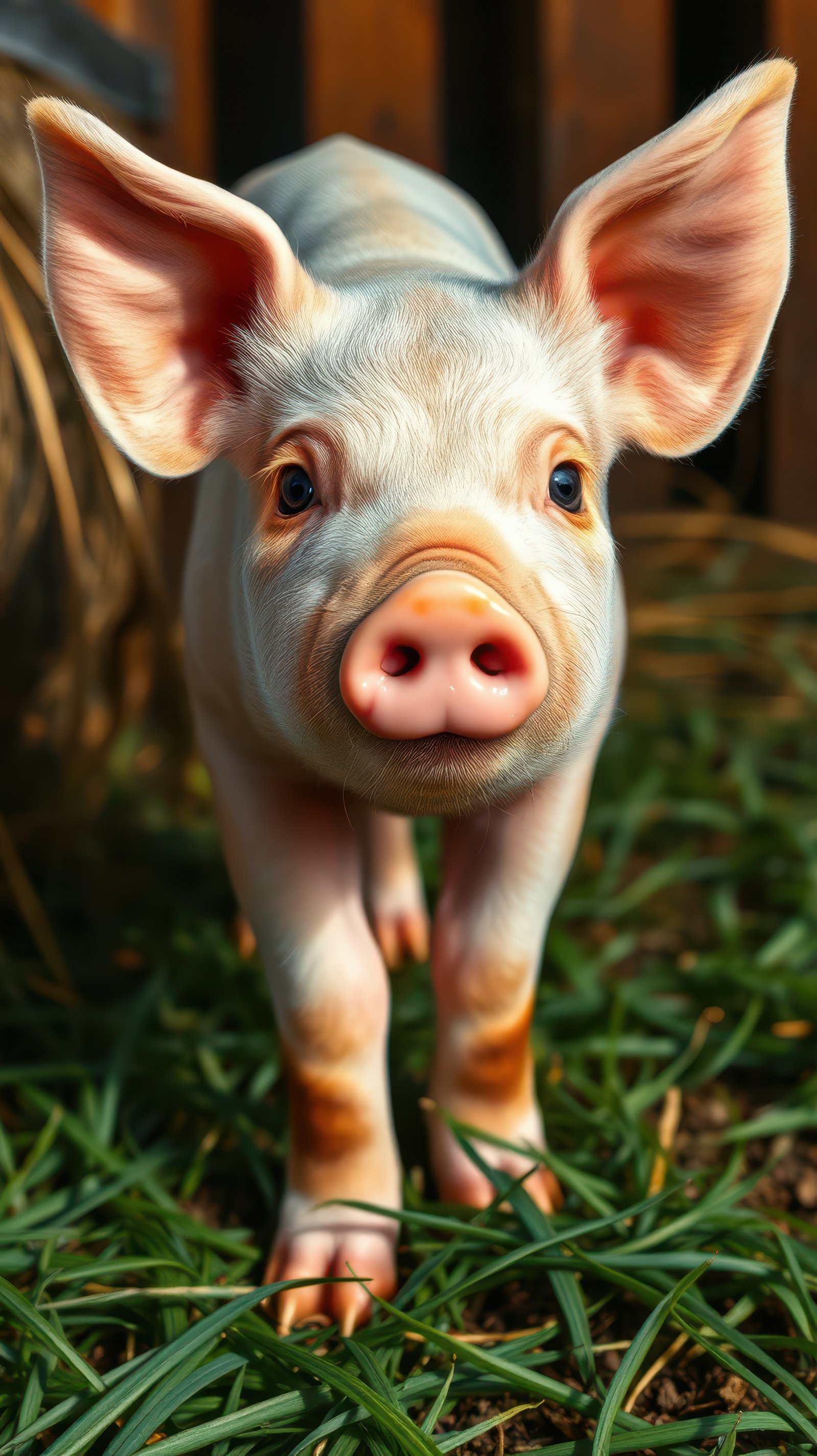 A young piglet stands in tall grass, looking directly at the camera with wide, curious eyes